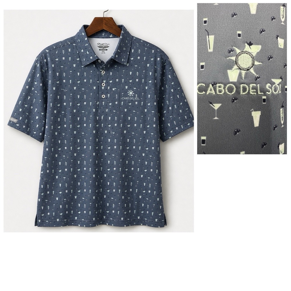 Straight Down Cabo Del Sol Polo Shirt Men XXL Gray Cocktail Print Golf Resort